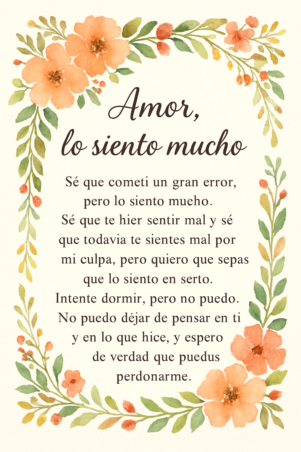 Amor, lo siento mucho. Sé que cometí un gran error, pero lo siento mucho. Sé que te hice sentir mal y sé que todavía te sientes mal por mi culpa, pero quiero que sepas que lo siento en serio Intenté dormir, pero no puedo. No puedo dejar de pensar en ti y en lo que hice, y espero de verdad que puedas perdonarme. Te pido disculpas de todo corazón.