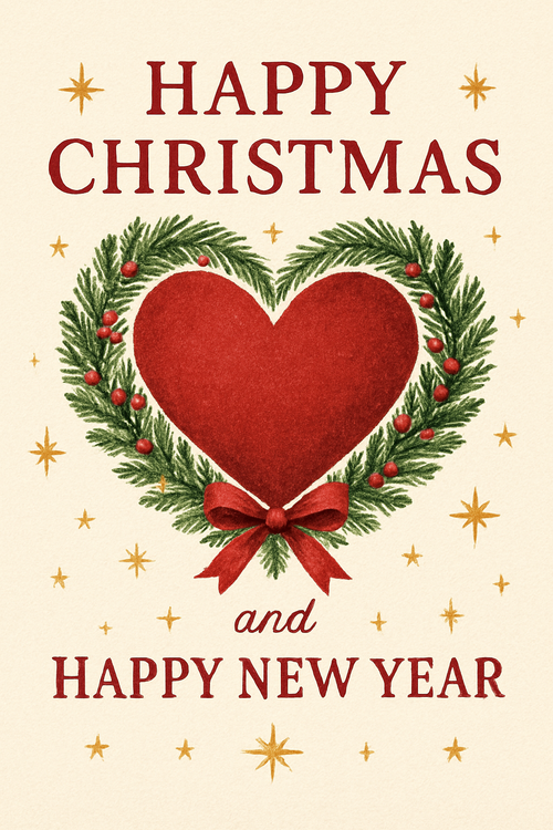 Create a beautiful designed greeting card with the text "Happy Christmas and happy new year " and the theme Christmas and heart