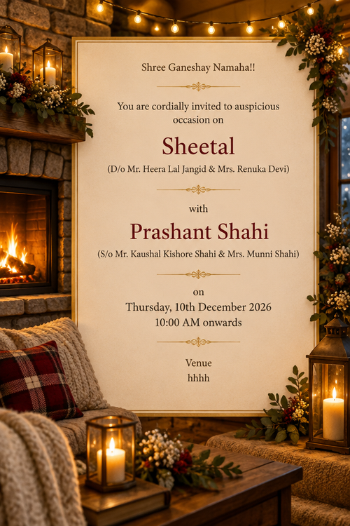 Shree Ganeshay Namaha!!
You are cordially invited to auspicious occasion on 
Sheetal 
(D/o Mr. Heera Lal Jangid & Mrs. Renuka Devi)
with 
Prashant Shahi
(S/o Mr. Kaushal Kishore Shahi & Mrs. Munni Shahi)
on 
Thursday, 10th December 2026
10:00 AM onwards

Venue
hhhh