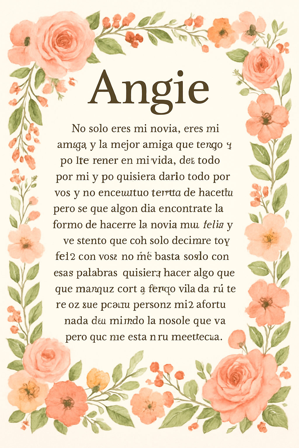 Angie, no solo eres mi novia, eres mi amiga y la mejor amiga que tengo y podre tener en mi vida, das todo por mi y yo quisiera darlo todo por vos y no encuentro forma de hacerlo pero se que algun dia encontrare la forma de hacerte la novia mas feliz y yo siento que con solo decirme "soy feliz con vos" no me basta solo con esas palabras, quisiera hacer algo que marque toda tu vida y te haga sentir la persona mas afortunada del mundo, te lo mereces y tal vez pienses que no pero la verdad es que si te lo mereces y bastante ya que gracias a vos yo no soy un tipo solitario que anda de boludo por ahi en cualquier lugar, sos una persona bastante agradable y tal vez yo sea la persona mas afortunada del mundo al haberte cruzado o seguramente haya sido una bendicion o suerte pero yo digo que fue destino
La verdad esq no tengo muchas ideas y no tengo mucho que decir pero trato de expresarme lo mejor que puedo por chat pero te aseguro que en cuando estemos juntos te obsequiare todo mi amor solo a vos pq vos sos la persona que mas se lo merece ultimamente en este mundo hermoso y digo hermoso que estas tu en el