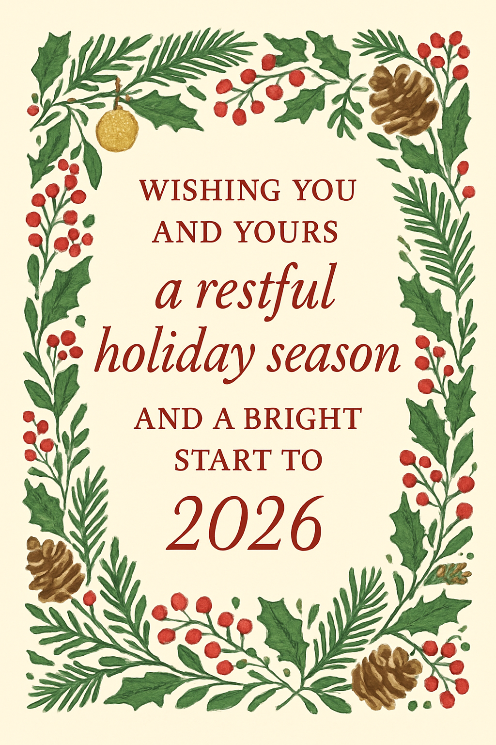 Create a beautiful designed greeting card with the text "Wishing you and yours a restful holiday season and a bright start to 2026." and the theme holidays
