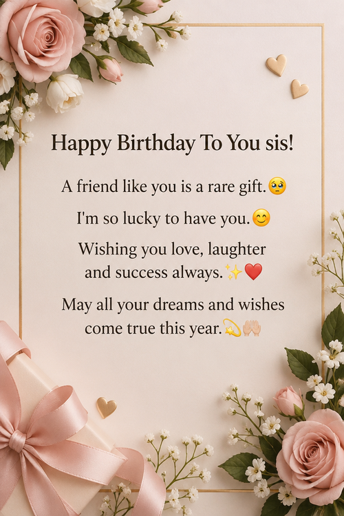 Happy Birthday To You sis!

A friend like you is a rare gift.🥹 
I'm so lucky to have you.😊
Wishing you love, laughter and success always.✨❤️ 
May all your dreams and wishes come true this year.💫🤲🏻