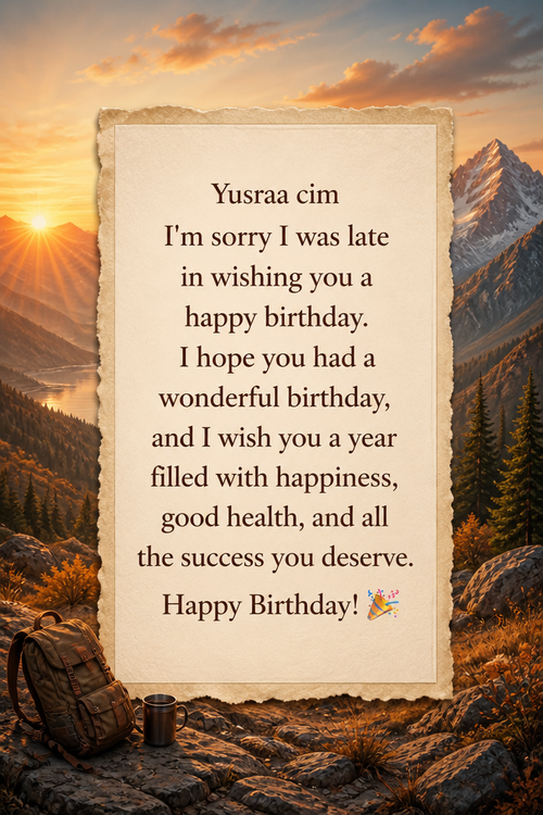 Yusraa cim

I'm sorry I was late in wishing you a happy birthday. I hope you had a wonderful birthday, and I wish you a year filled with happiness, good health, and all the success you deserve. Happy Birthday! 🎉