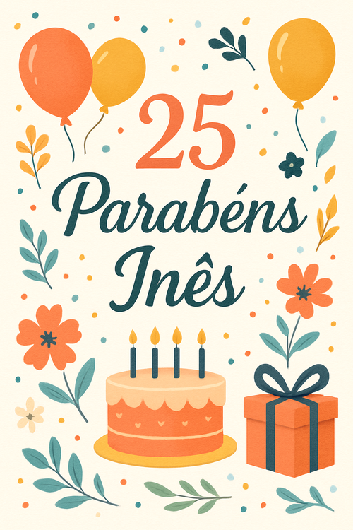 Create a beautiful designed greeting card with the text "25 Parabéns Inês " and the theme Birthday