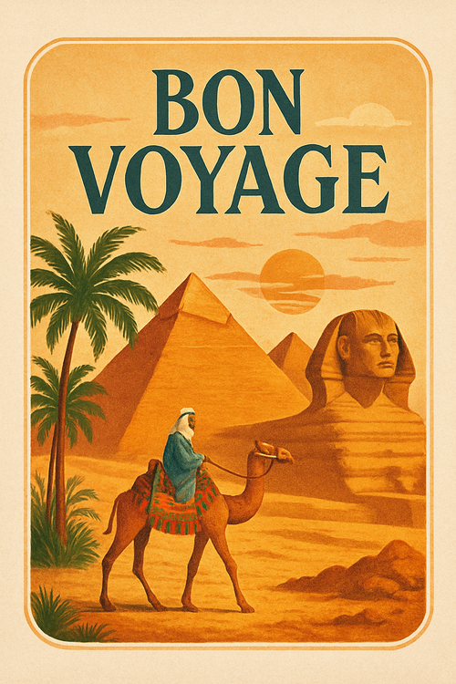Create a beautiful designed greeting card with the text "Bon Voyage" and the theme Egypt, Cairo, Pyramids