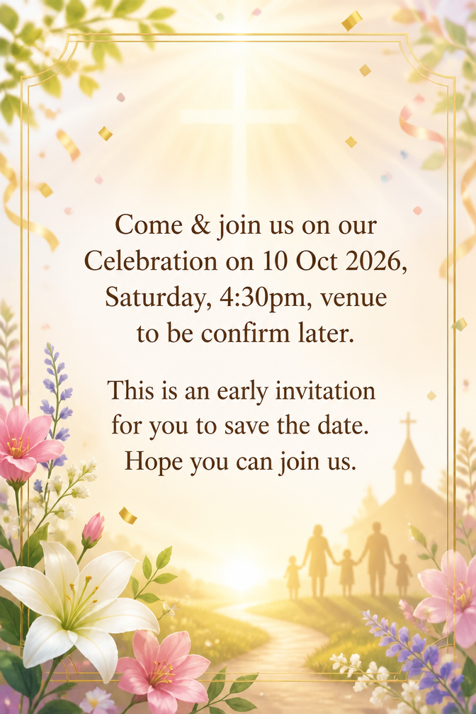 Come & join us on our Celebration on 10 Oct 2026, Saturday, 4:30pm, venue to be confirm later.
This is an early invitation for you to save the date. Hope you can join us.