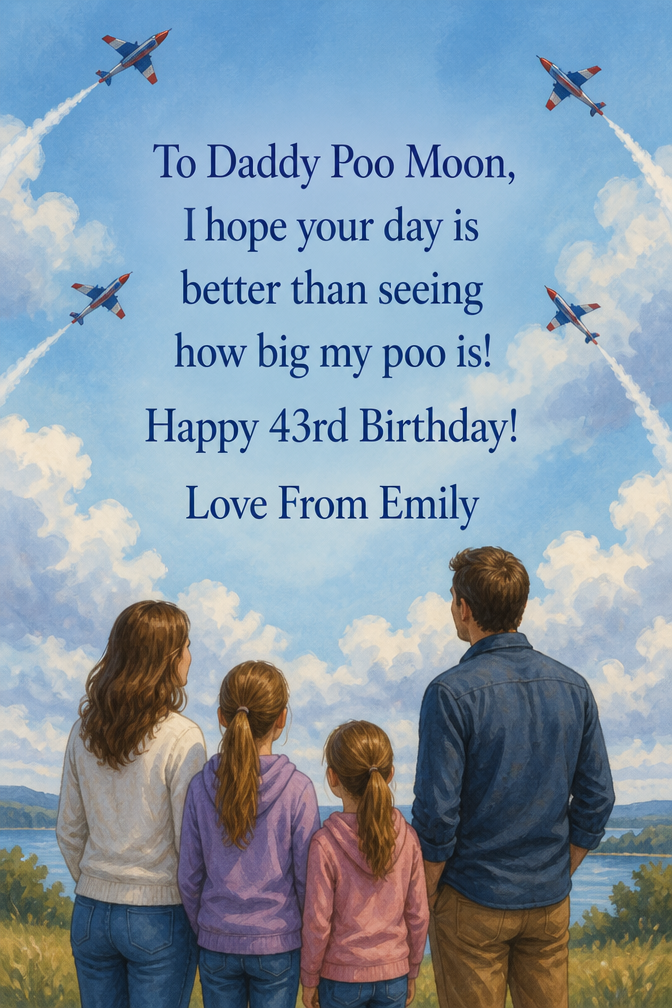 To Daddy Poo Moon, I hope your day is better than seeing how big my poo is! Happy 43rd Birthday! Love From Emily