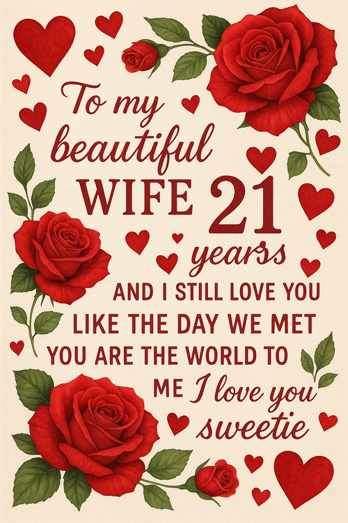 Create a beautiful designed greeting card with the text "To my beautiful wife 21 years and I still love you like the day we met you are the world to me I love you sweetie" and the theme Red love hearts and roses