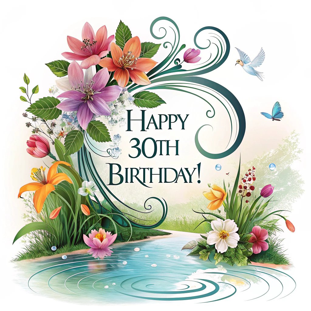 incredible aesthetic and artistic graphic design with the text "Happy 30th Birthday!" with a theme of Flowers water