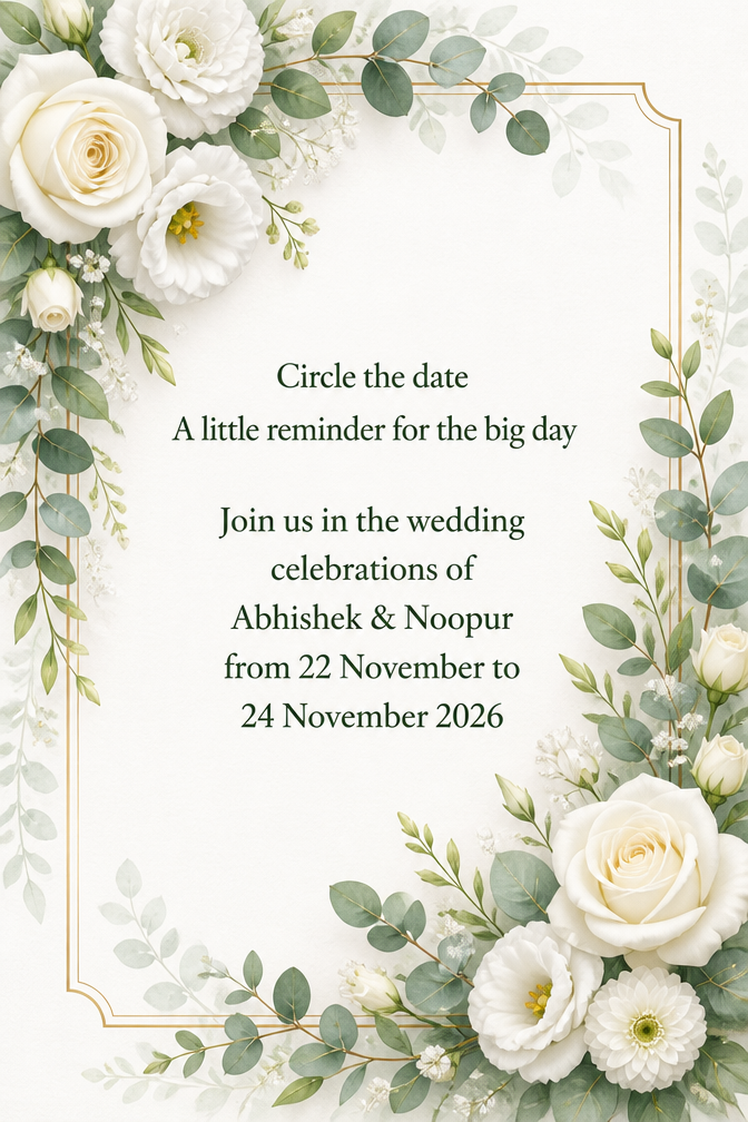 Circle the date
A little reminder for the big day
Join us in the wedding celebrations of Abhishek & Noopur from 22 November to 24 November 2026