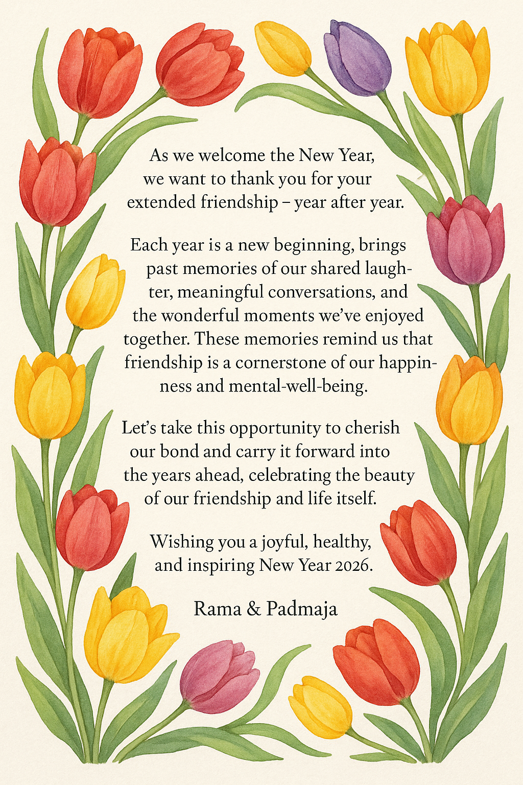 As we welcome to New Year, we want to thank you for your extended friendship — year after year.
Each year is a new beginning, brings past memories of our shared laughter, meaningful conversations, and the wonderful moments we’ve enjoyed together. These memories remind us that friendship is a cornerstone of our happiness and mental well-being.
Let’s take this opportunity to cherish our bond and carry it forward into the years ahead, celebrating the beauty of our friendship and life itself.
Wishing you a joyful, healthy, and inspiring New Year 2026.
Rama & Padmaja