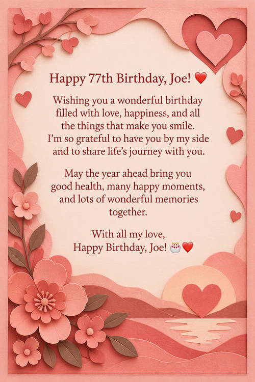 Happy 77th Birthday, Joe! ❤️
Wishing you a wonderful birthday filled with love, happiness, and all the things that make you smile. I’m so grateful to have you by my side and to share life’s journey with you.
May the year ahead bring you good health, many happy moments, and lots of wonderful memories together.
With all my love,
Happy Birthday, Joe! 🎂❤️