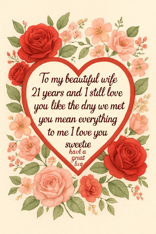 Create a beautiful designed greeting card with the text "To my beautiful wife 21 years and I still love you like the day we met you mean everything to me I love you sweetie have a great day" and the theme Love heart card with roses and flowers