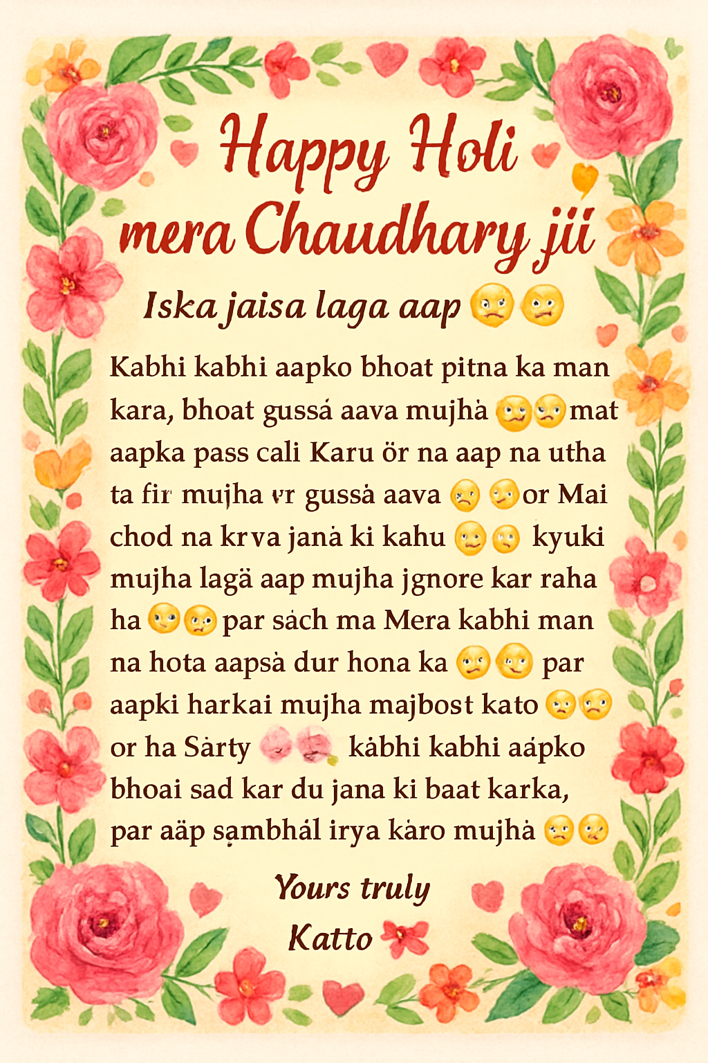 Happy Holi mera Chaudhary jii ๐ป๐ป( Iska jasa lago aap ๐คญ๐คญ).
Kabhi kabhi aapko bhoat pitna ka man kara, bhoat gussa aava mujha ๐
๐
mai aapka pass call Karu or na aap na utha ta fir mujha or gussa aava๐ ๐ or Mai chod na ki ya Jana ki kahu ๐ญ๐ญkyuki mujha laga aap mujha ignore kar raha ho ๐ฅบ๐ฅบ๐ฅบ par sach ma Mera kabhi man na hota aapsa dur hona ka ๐๐, par aapki harkat mujha majboor karo๐๐, or ha Sorry ๐ธ๐ธ, kabhi kabhi aapko bhoat sad kar du Jana ki baat karka, par aap sambhal leya karo mujha ๐๐.
Yours truly
Katto ๐๐